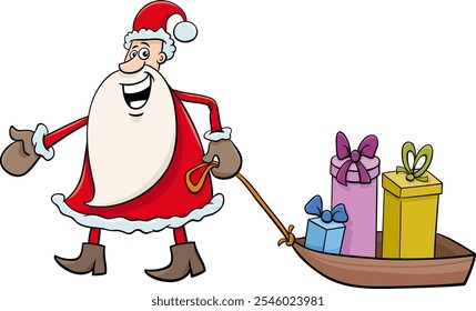 Cartoon illustration of Santa Claus with presents on the sledge on Christmas time