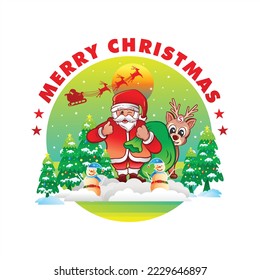 Cartoon illustration of santa claus with reindeer in snow season on christmas day