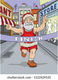 cartoon illustration of a santa claus running getting to a finish line