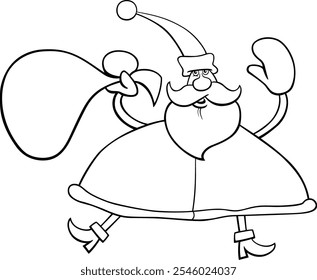 Cartoon illustration of Santa Claus with Sack of Christmas presents coloring page