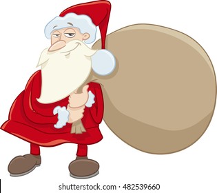 Cartoon Illustration of Santa Claus with Sack of Presents on Christmas