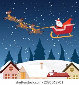 Cartoon illustration of Santa Claus sitting and flying in the sled at night. Magical Christmas night illustration.