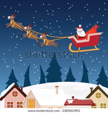 Cartoon illustration of Santa Claus sitting and flying in the sled at night. Magical Christmas night illustration.