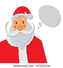 Cartoon illustration of Santa Claus thinking about something. Bubble of his thoughts with him. Christmas design for greetings card. Holiday picture isolated on white background.