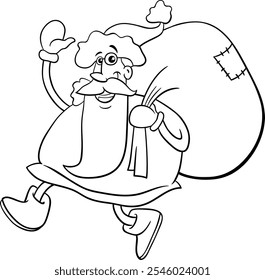 Cartoon illustration of Santa Claus walking with sack of Christmas gifts coloring page