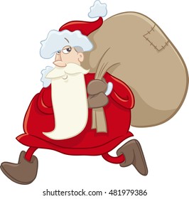 Cartoon Illustration of Santa Claus Walking with Sack of Gifts on Christmas