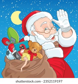 Cartoon illustration of Santa Claus waving with a sack of toys on Christmas Eve.