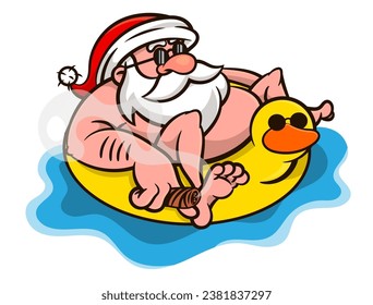 Cartoon illustration of Santa Claus wearing sunglasses and smoking a cigar while floating with duck buoy at the beach. Best for sticker, logo, and mascot with christmas themes