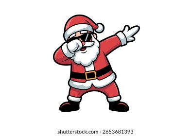 Uma ilustração em desenho animado do Papai Noel usando óculos escuros e realizando um movimento de dança.