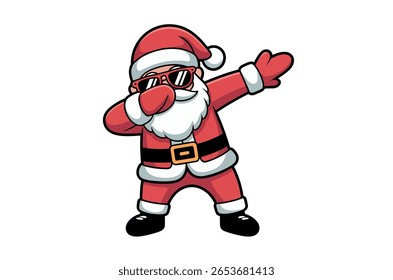Uma ilustração em desenho animado do Papai Noel usando óculos escuros e realizando um movimento de dança.