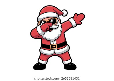 Uma ilustração em desenho animado do Papai Noel usando óculos escuros e realizando um movimento de dança.