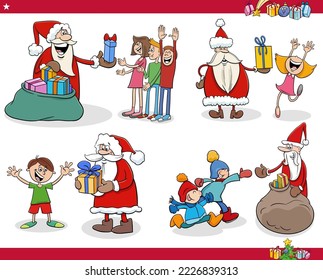 Cartoon illustration of Santa Clauses characters giving Christmas presents to happy children