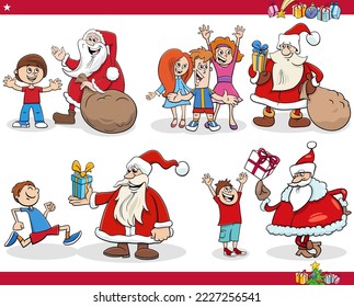 Cartoon illustration of Santa Clauses characters giving Christmas presents to children