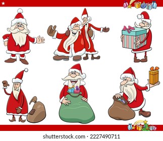 Cartoon illustration of Santa Clauses characters set on Christmas time