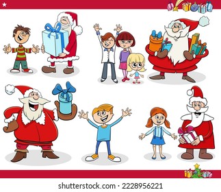 Cartoon illustration of Santa Clauses characters giving Christmas presents to children