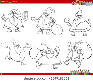 cartoon illustration of Santa Clauses characters with on Christmas time coloring page