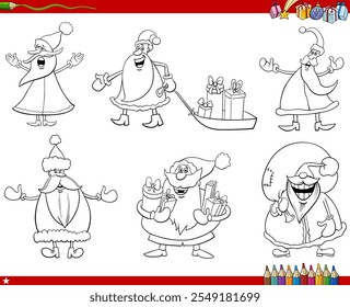 ilustración de dibujos animados de personajes de Santa Claus con regalos de Navidad para colorear