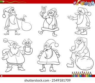 cartoon illustration of Santa Clauses characters with gifts on Christmas time coloring page