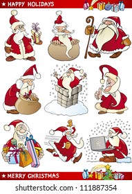 Cartoon Illustration of Santa Clauses and Christmas Themes set