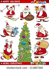 Cartoon Illustration of Santa Clauses, Christmas Tree and other Themes set