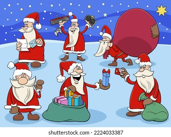 Cartoon-Illustration der Gruppe der Comic-Figuren von Santa Clauses zu Weihnachten