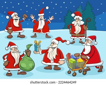 Cartoon-Illustration der Gruppe der Comic-Figuren von Santa Clauses zu Weihnachten