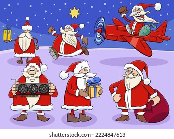 Cartoon illustration of Santa Clauses comic characters on Christmas time