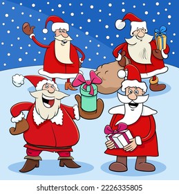 Cartoon illustration of Santa Clauses comic characters on Christmas time