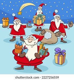 Cartoon-Illustration von Comic-Figuren von Santa Clauses mit Weihnachtsgeschenken