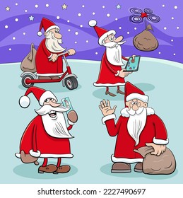 Cartoon illustration of Santa Clauses comic characters with Christmas gifts