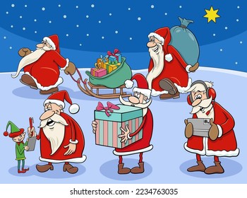 Cartoon illustration of Santa Clauses comic characters on Christmas time