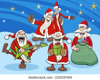 Cartoon illustration of Santa Clauses comic characters singing a carol on Christmas time