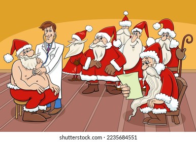 Cartoon illustration of Santa Clauses comic characters on Christmas time at the doctor