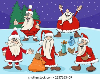 Cartoon illustration of Santa Clauses comic characters with gifts on Christmas time