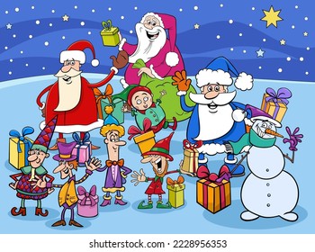 Cartoon illustration of Santa Clauses and elves characters on Christmas time