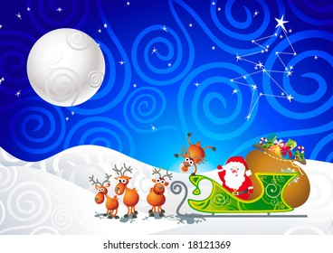 cartoon illustration with Santa, his sleigh and his reindeer