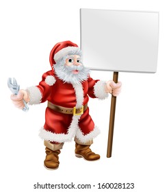 Cartoon illustration of Santa holding a spanner and sign, great for mechanic, plumber or hardware shop Christmas sale or promotion