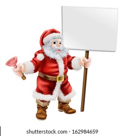 Cartoon illustration of Santa holding a spanner and sign, great for mechanic, plumber or hardware shop Christmas sale or promotion