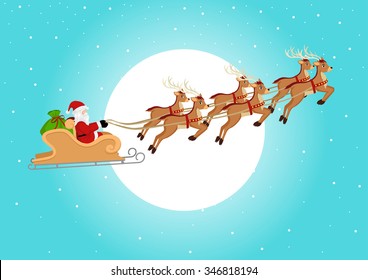 Cartoon illustration of Santa on sleigh and his reindeer flying against full moon