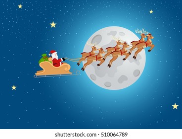 Cartoon illustration of Santa on sleigh and his reindeer flying against full moon