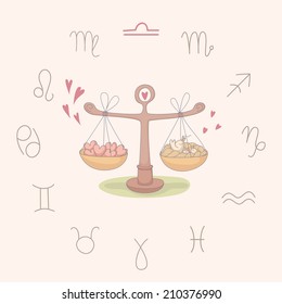 Cartoon illustration of the scales (Libra). Part of the set with horoscope zodiac signs. EPS 10. No transparency. No gradients.