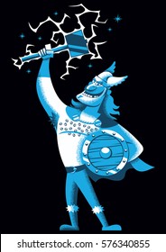 Cartoon illustration of Scandinavian god Thor over black background. 