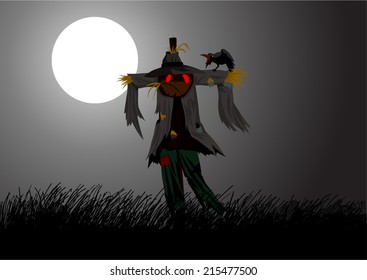 Cartoon illustration of a scarecrow on field during full moon