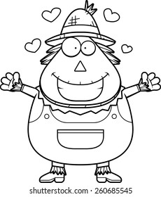 A cartoon illustration of a scarecrow ready to give a hug.