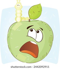 Cartoon Illustration of a Scared Apple with Smiling Caterpillar on Light Blue Background. Funny Food Characters. Vector Illustration.