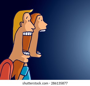 Cartoon illustration of scared couple screaming together facing a strong light