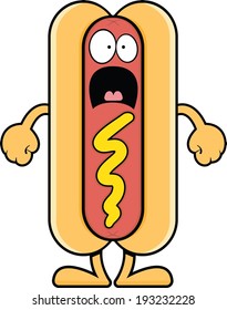Cartoon illustration of a scared hot dog. 