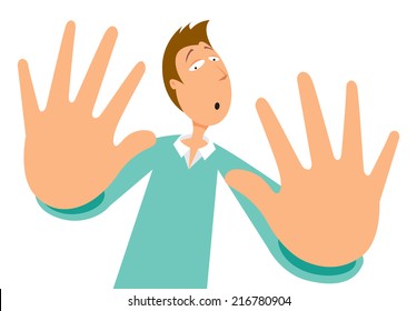 Cartoon illustration of scared man rejecting with his hands