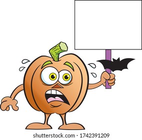 Cartoon illustration of a scared pumpkin starring at a bat while holding a sign.