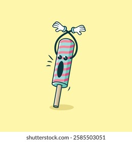 A cartoon illustration of a scared striped popsicle character with arms raised in surprise.